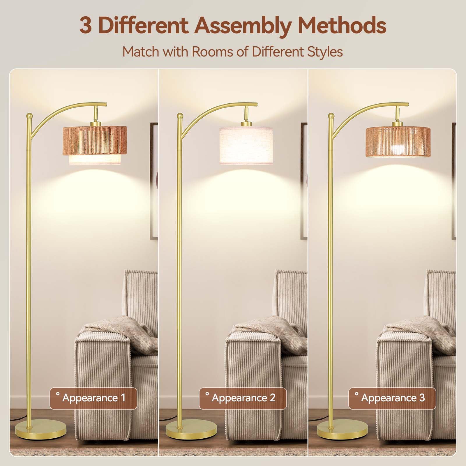 Floor Lamps For Living Room With 12w Led Bulb  Arc Lamp 3 Color Temperatures Farmhouse Adjustable Rattan & Fabric Shades Boho Standing Bedroom Corner