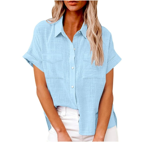 Womens Cotton Linen Dressy Blouses, Short Sleeve Shirts for Women Summer Casual Loose Fit Solid Color Lapel Button Down T-Shirts