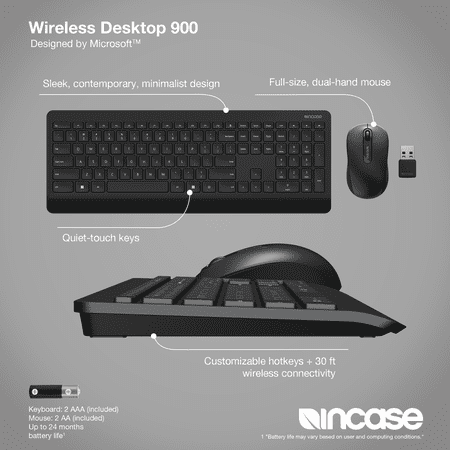 Incase Wireless Desktop 900 Keyboard and Mouse Combo - Designed by Microsoft – Quiet Touch Keys, Ambidextrous Design, Customizable Hotkeys, Two Year Battery Life