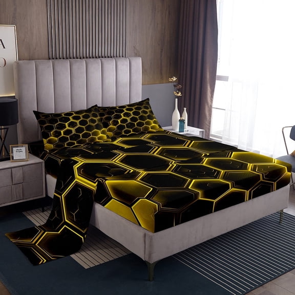 Erosebridal Orange Gradient Hexagon Bed Sheets Twin , Geometry Honeycomb Bedding Sets Twin Size, Black Room Decor 3-Piece