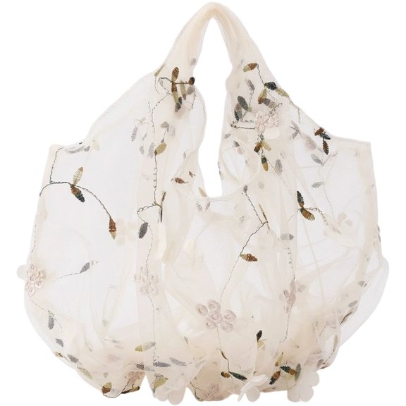 Pkhoxwe Embroidery Flower Handbag Transparent Mesh Shopping Bag Beach Mesh Tote Bag for Women Travel Shopping Daily Use