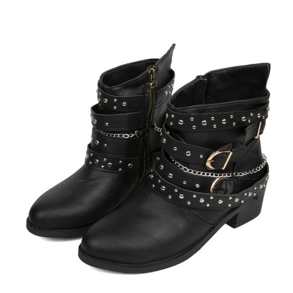hopeusnice Women's Ankle Boots Buckle Chain Studded Boots Low Heel Block Heel Zipper Round Toe Suede Short Boots Black 42