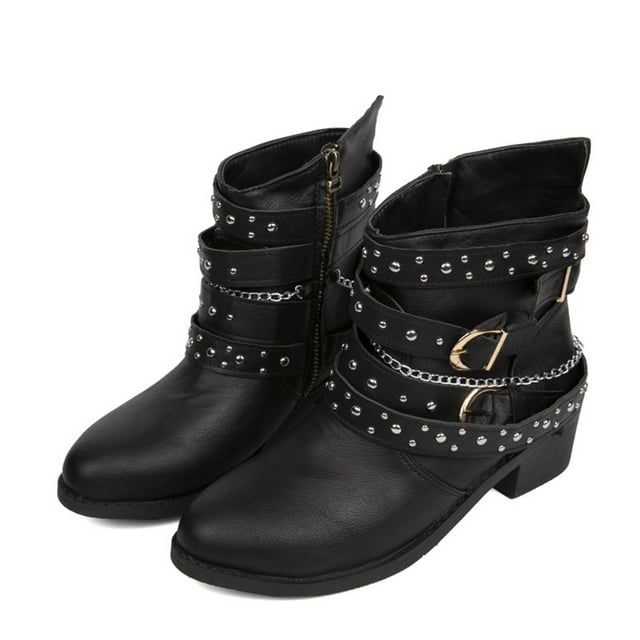 hopeusnice Bottines pour Femmes à la Cheville, Bottes à Boucle et Chaîne Cloutées, Talon Bas, Talon Bloc, Fermeture Éclair, Bout Rond, Bottines Courtes en Suède, Noir 39