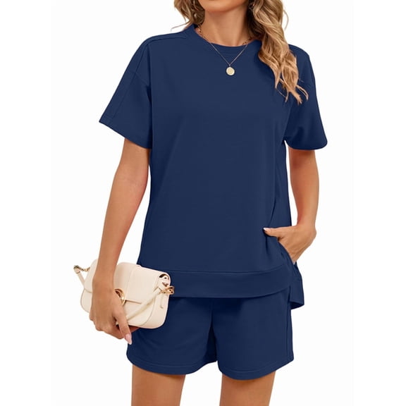 Women 2 Piece Outfits Sweatsuits Summer Short Sleeve Loungewear Tracksuit Round Neck Lounge Shorts Sets Navy Blue XXL