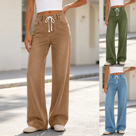 Denim Pants for Women Drawstring High Waisted Straight Leg Jeans with Multiple Pockets Casual Daily Wear Fall Outfits Fashion Clothing