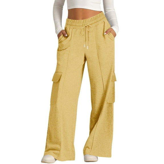Womens Wide Leg Cargo Trousers Adjustable Drawstring Waist Sweatpants Loose Fit Casual Baggy Pants with Flap Pockets