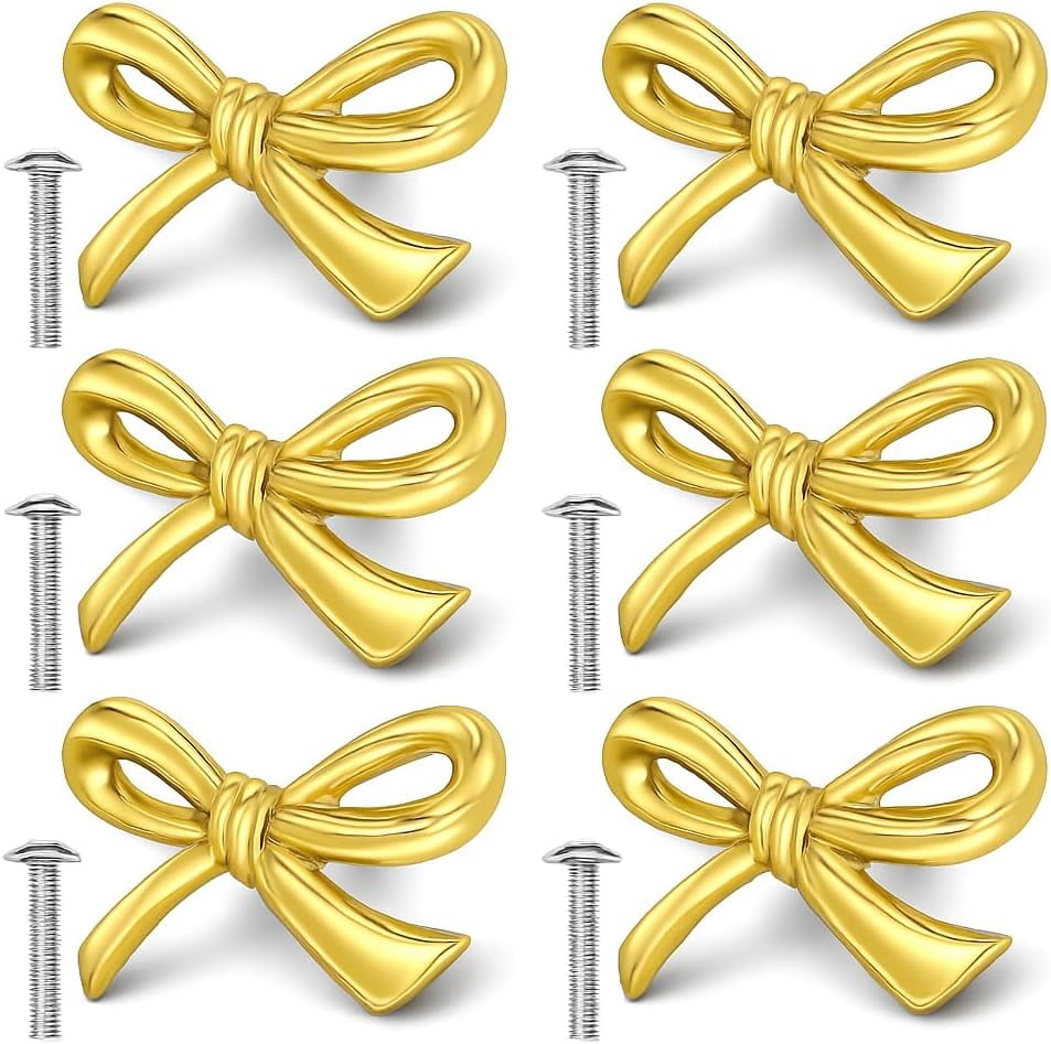 CATPAN‘s Brass Bow Shape Cabinet Knobs, Gold Drawer Pulls, Decorative Bow Knobs, 6 Pack