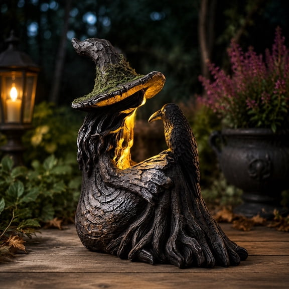 Clearance! Halloween Mossy Tree Witch Figurine with Crow, Light Up Green LED Resin Statue, Gothic Witch Decoration for Mantel Shelf Tabletop Haunted House Party Fall Home Decor