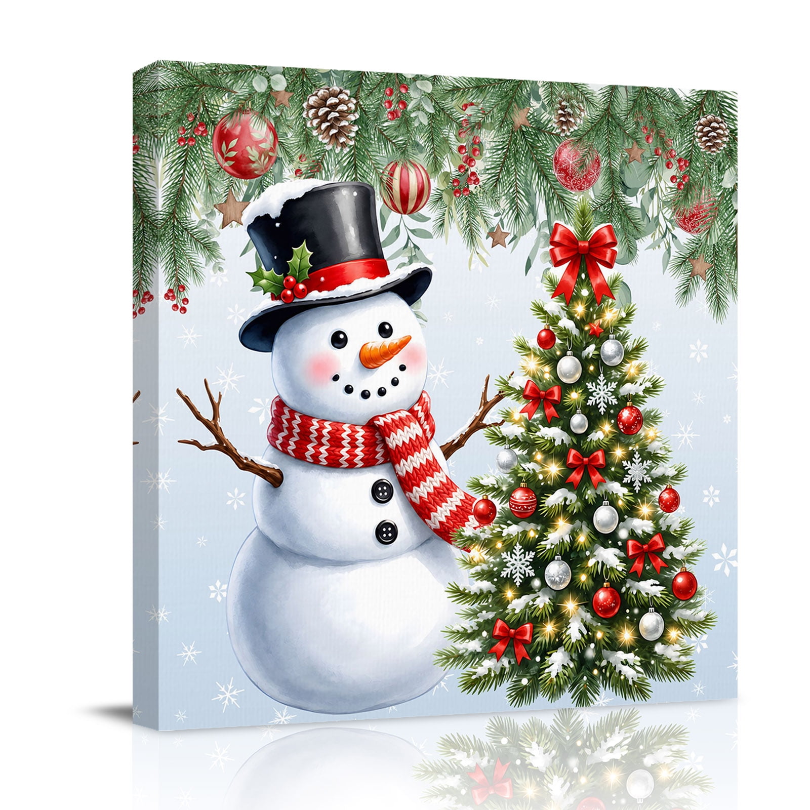 Canvas Wall Art Christmas Snowman Framed Canvas Prints for Bathroom Kitchen Xmas Balls Tree Winter Pine Needle Snow Gallery Wrapped Wall Decor for Home Office Gifts 10 x10 Ship Next Day