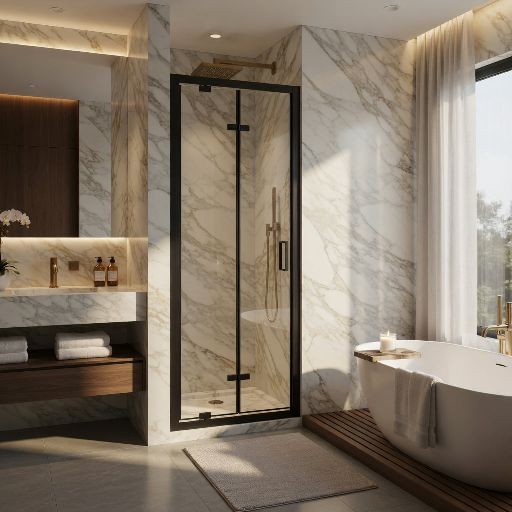 Hommoo Framed Bi-Fold Pivot Shower Door 30" W x 72" H, Aluminum Folding Shower Enclosure with 1/4" Tempered Glass, Reversible Left/Right Installation & Leak-Proof Magnetic Seal, Black & Transparent