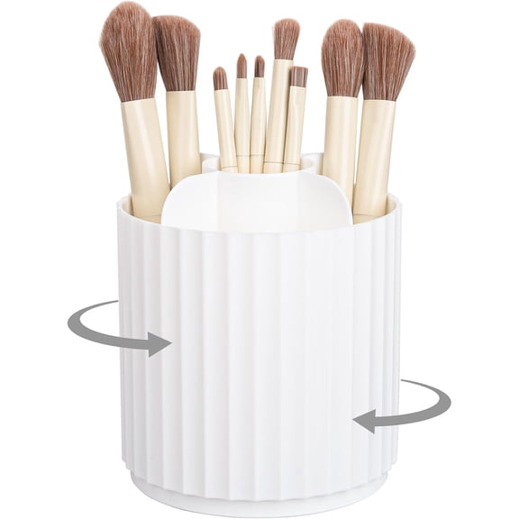 Genreen Makeup Brush Holder Organizer,360°Rotating Make Up Brush Holder,Make Up Brushes Container for Vanity, Spinning Cosmetics Storage Cup, Stripe White