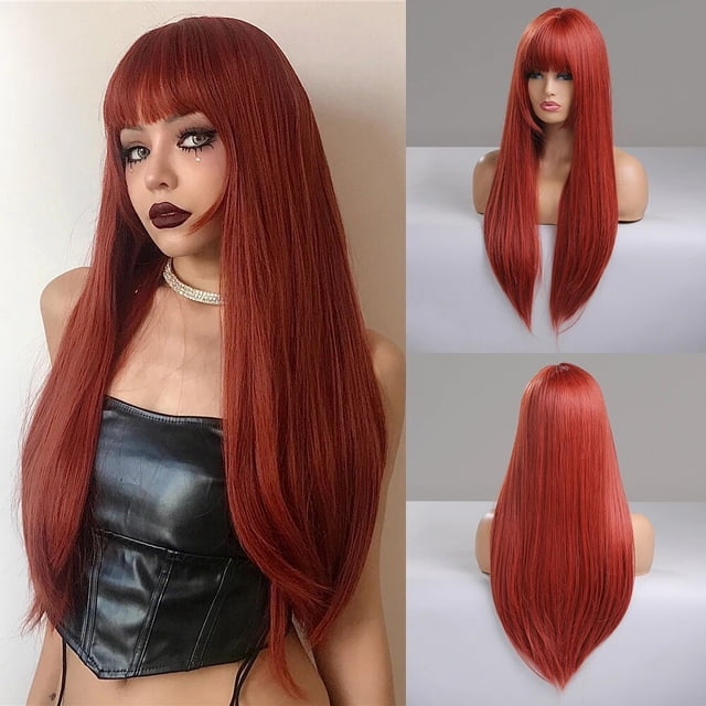 Peluca sintética larga y recta con flequillo para mujer, pelo falso suave y sedoso Natural, resistente al calor, color rubio, colorido, uso diario en fiestas