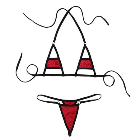 Sxiwei Women s 2 Pieces Sexy Micro Bikini Cutout Bra Mini G-string Lingerie Set Swimsuit Red One Size