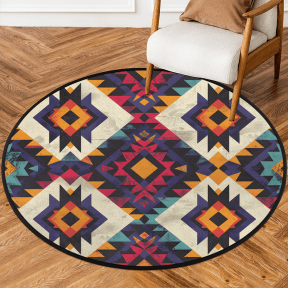 CURLYOOT Round Rug 3ft Aztec Area Rug, Washable Circle Mat Non Slip Floor Carpet Mat, Western Boho Soft Indoor Rugs for Entryway Living Room Dining Room Bedroom