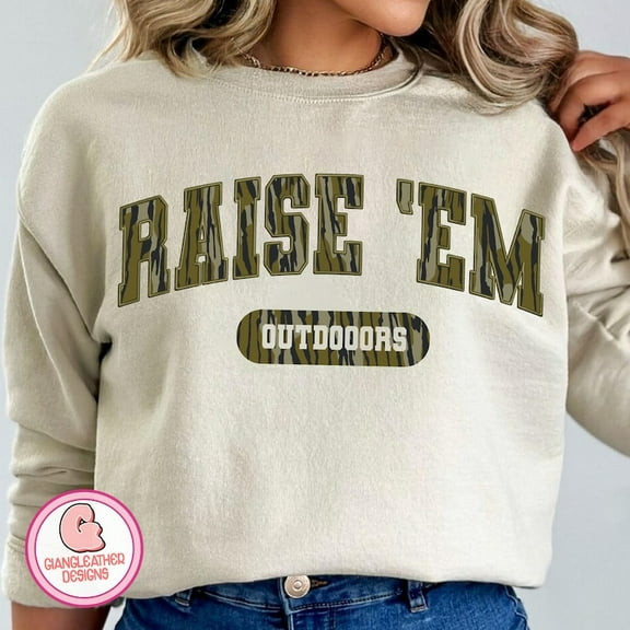 Raise ’Em Right Camo Sweatshirt, Hunting Themed Varsity Crewneck, Duck Hunting Old School Camo Pullover