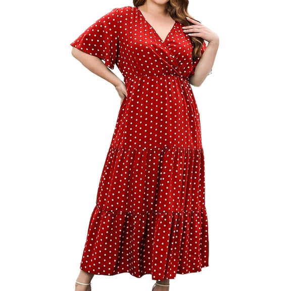 Diufon Plus Size Dresses for Women Polka Dot Printed Dress V Neck Short Sleeve Waist Maxi Dress