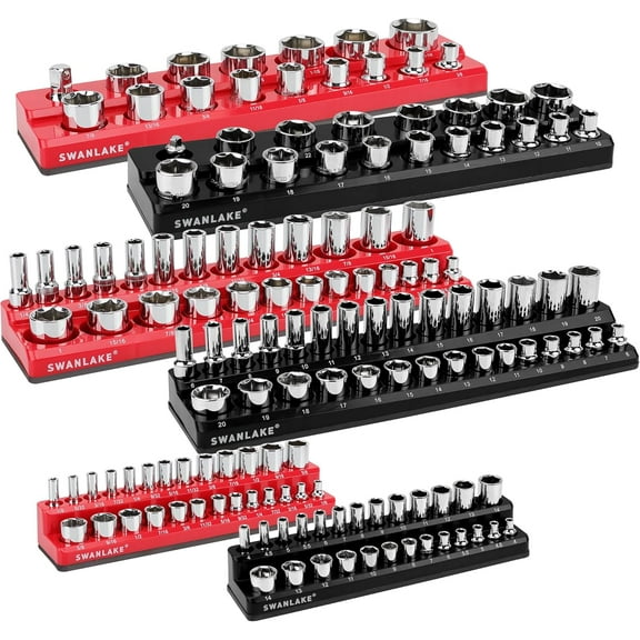 A house of tools 6-piece Magnetic Socket Organizer Set, Metric & SAE Drive Socket Holder, Includes 1/4", 3/8", 1/2", Holds 143 Pieces Magnetic Trays Red Black