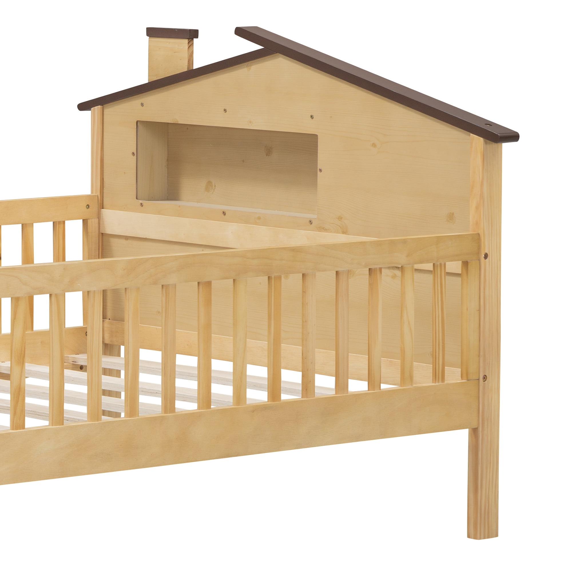 EUROCO Wood Twin Size Platform Bed Frame with House Like Roof and LED Light, Natural