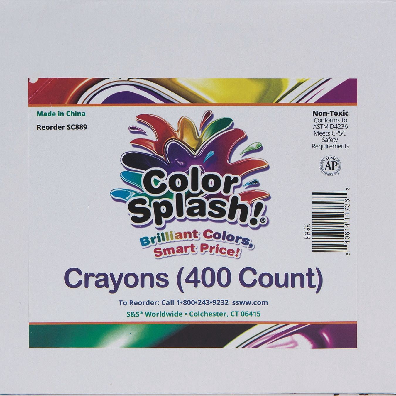 S&S Worldwide Color Splash!® Crayons. Excellent Quality, Superior Value, Great for Classrooms and Groups, Divided Box for Easy Sorting, Includes 50 each of 8 Vibrant Colors, Non-Toxic, Pack of 400