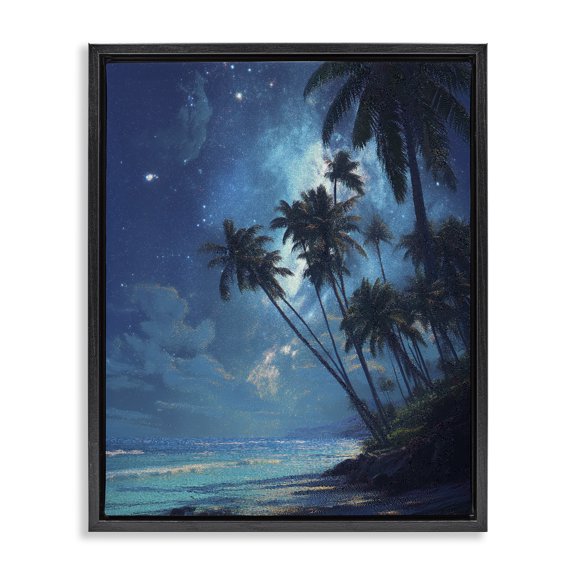 Moonlit Beach Palm Trees Black Framed Floater Canvas Wall Art, design by Ziwei Li