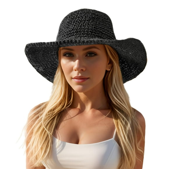 Floppy Big Beach Sombreros de Paja para Mujer Plegable Verano ala Ancha Sombrero para el Sol Plegable Sombrero de Paja de Viaje para Mujer Sombrero Fedora