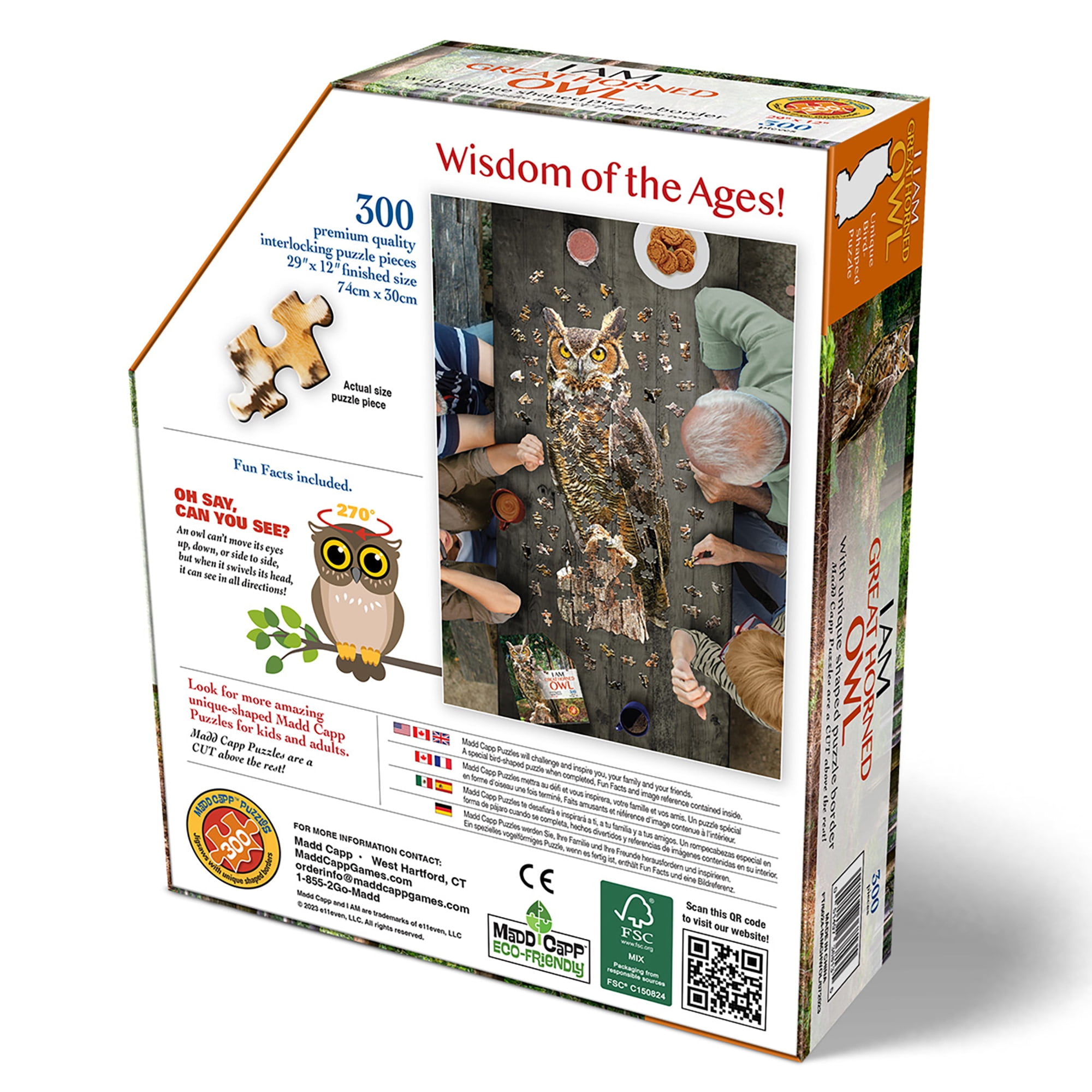 Madd Capp: I AM GREAT HORNED OWL - 300 Piece Jigsaw Puzzle, Bird-Shaped Puzzle, 29x12" Finished Size, Includes Fun Fact Booklet