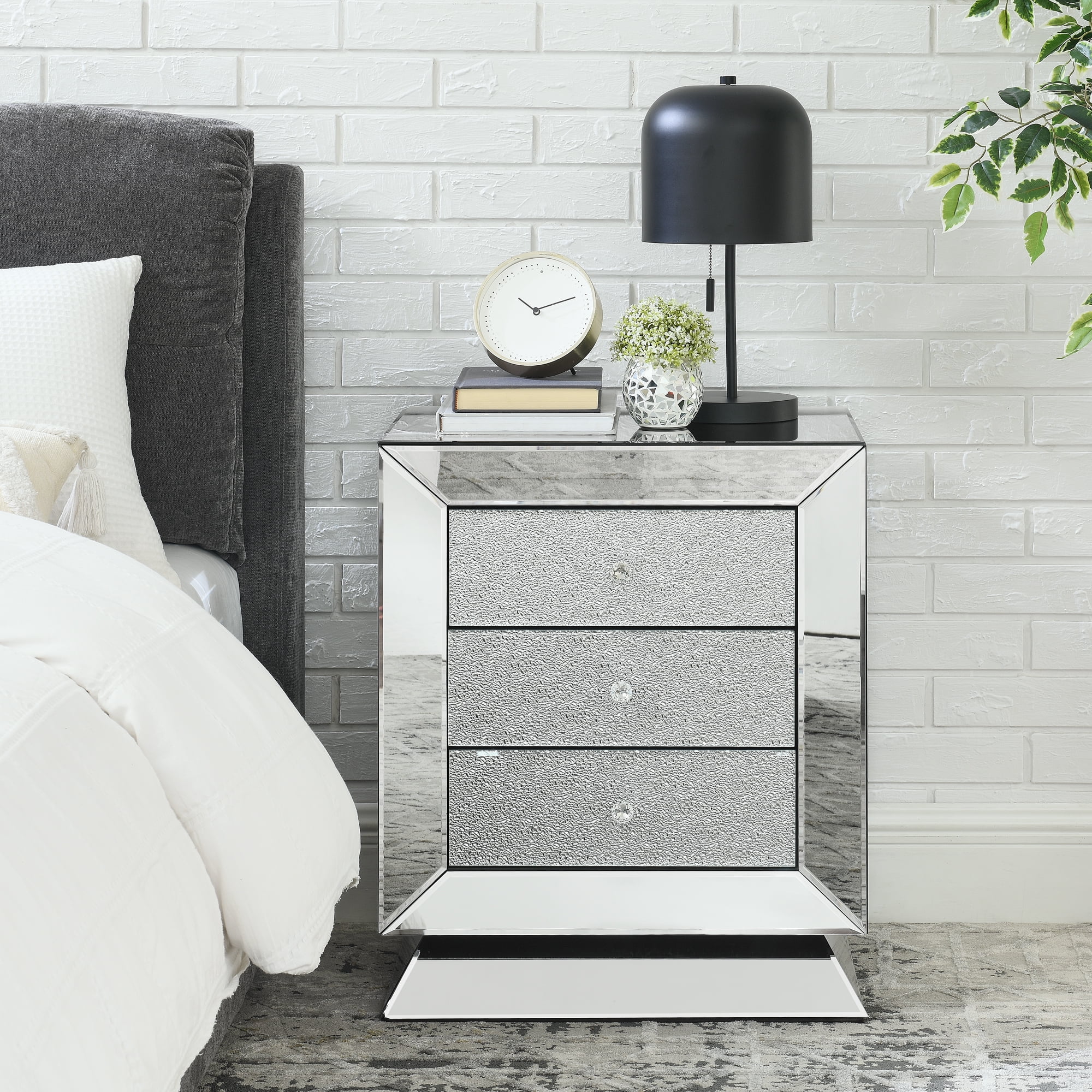 クリスタル付きミラーナイトスタンド BEDSIDE TABLE AUWHALEUS Mirrored Nightstand Bedside Table for Bedroom