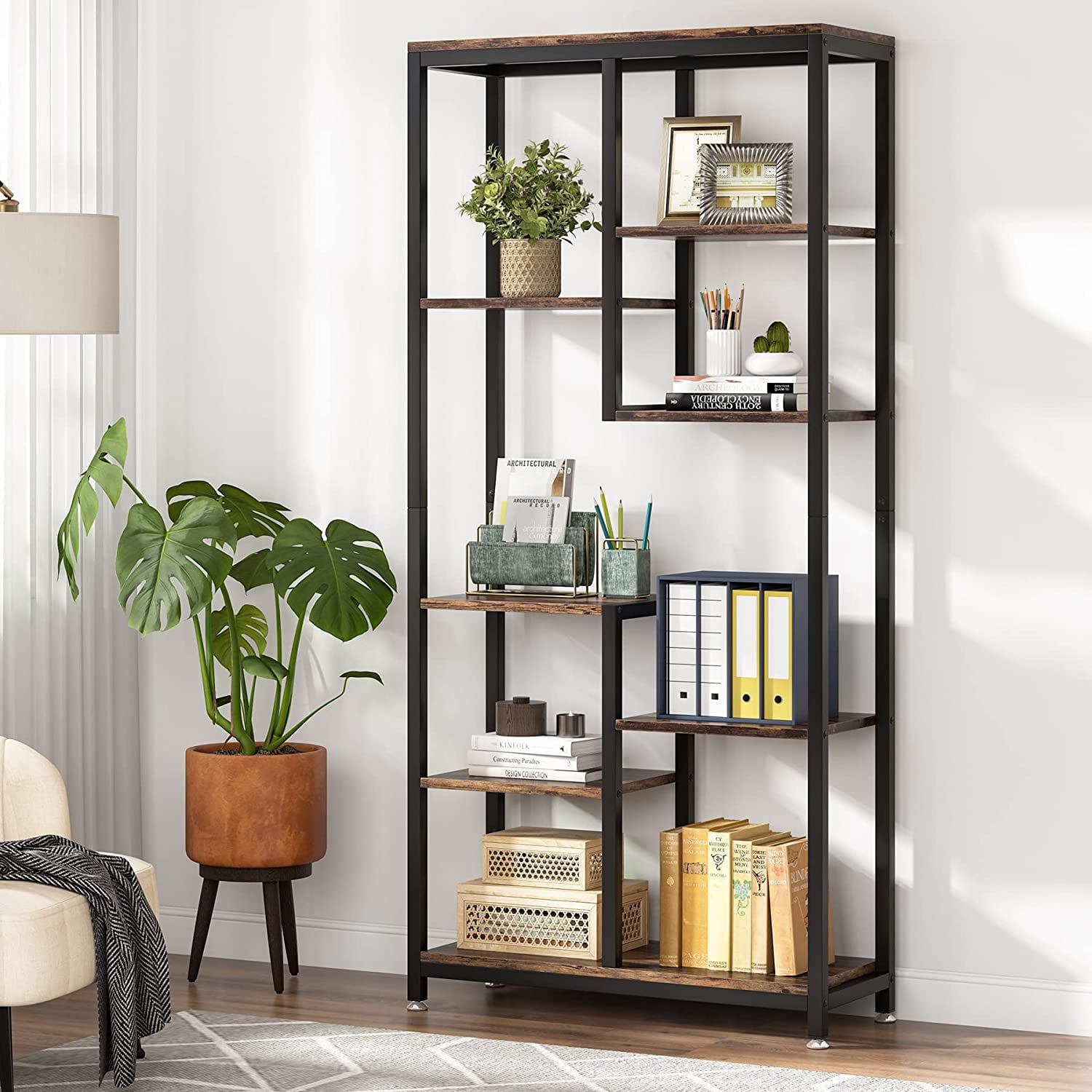 Devo Bookshelf, Industrial Book Shelf Large Storage Shelves, Display Shelf  Tall Bookcase Metal Bookshelves, 6 Tier Bookcases Wood Heavy Duty Shelving