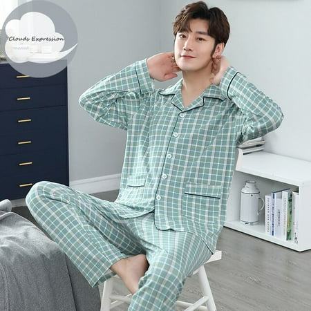 

QWZNDZGR Spring Autumn Knitted Cotton Long Pajama Sets Plaid Sleepwear PJ Pyjamas Men s Sleep & Lounge Home Fashion