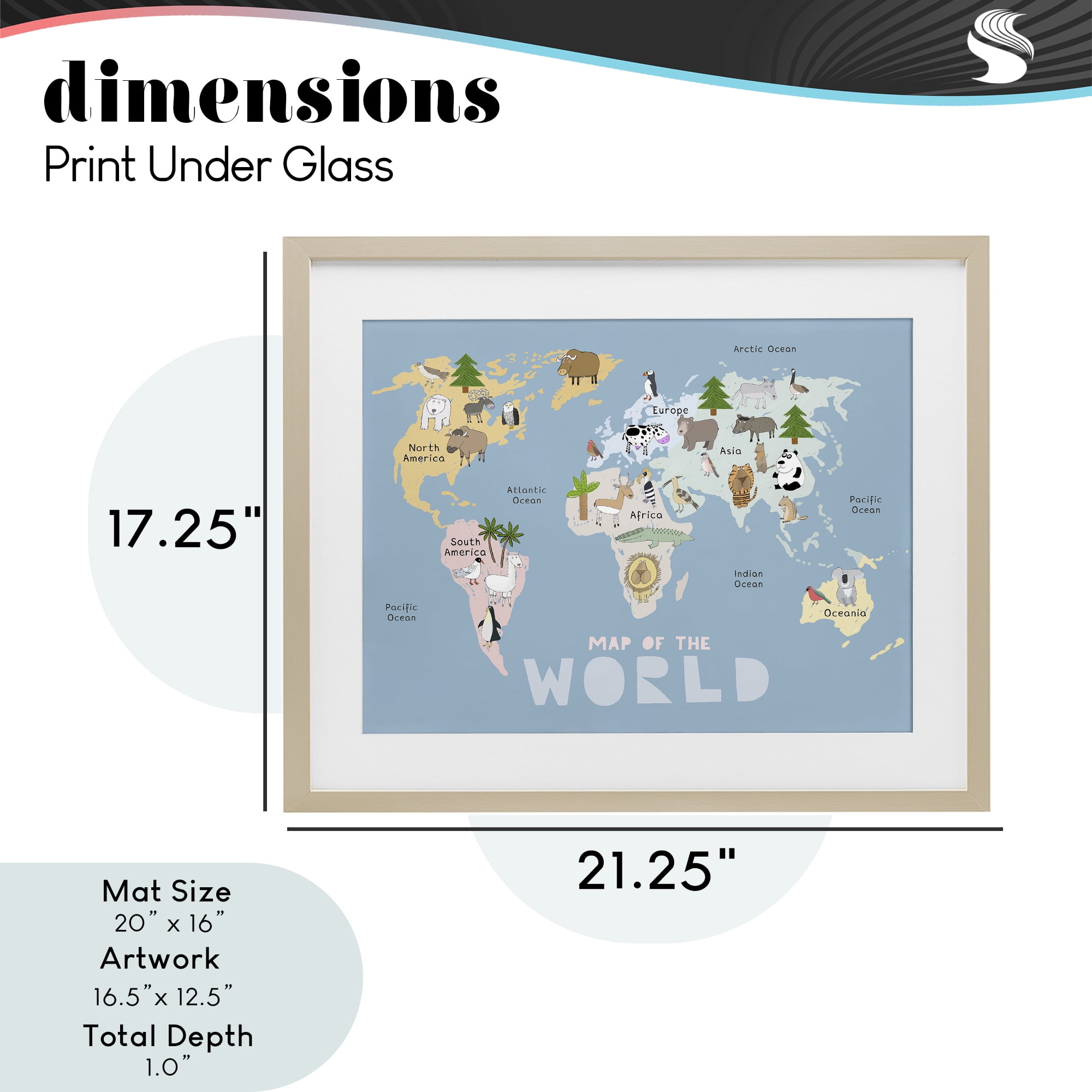 Kid's Map Of World Blue Birch Framed Print Under Glass, design by Carla Daly