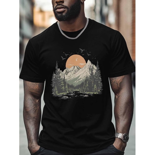 Men's T-Shirt Mountain Forest Sunset Graphic Tees Cotton Crew Neck Men's Short Sleeve Basic Tshirts
