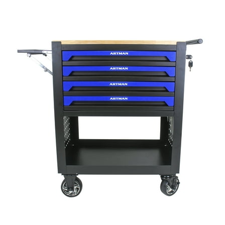 Noaman 4-Drawer Heavy Duty Tool Cart with Wheels and Wooden Top, Black and Blue