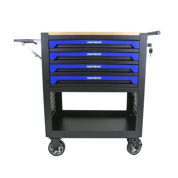 Noaman 4-Drawer Heavy Duty Tool Cart with Wheels and Wooden Top, Black and Blue