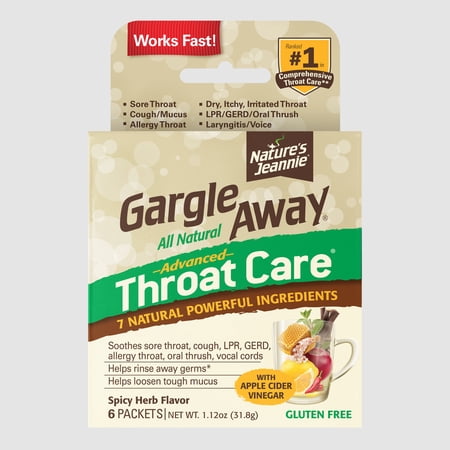 Gargle Away All-Natural Throat Care - Soothes Sore Throat, Tough Mucus, Persistent Cough, Oral Thrush for Adults (6 Packets) - Spicy Herb flavor