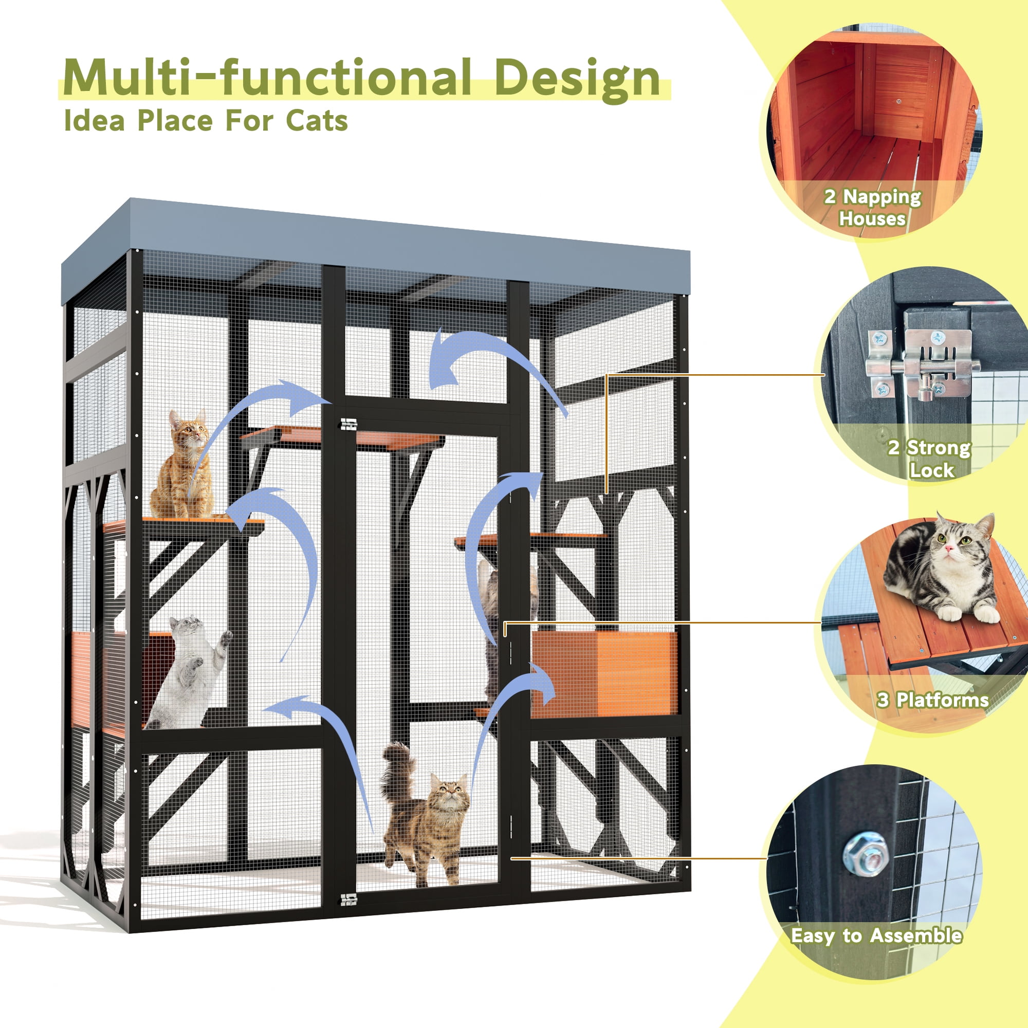 Kosynda Large Catio Outdoor Cat Enclosure with 5 Platforms, 2 Napping Houses, Wooden Cat House Kitty Cage with Weatherproof Roof for Multiple Cats, Black