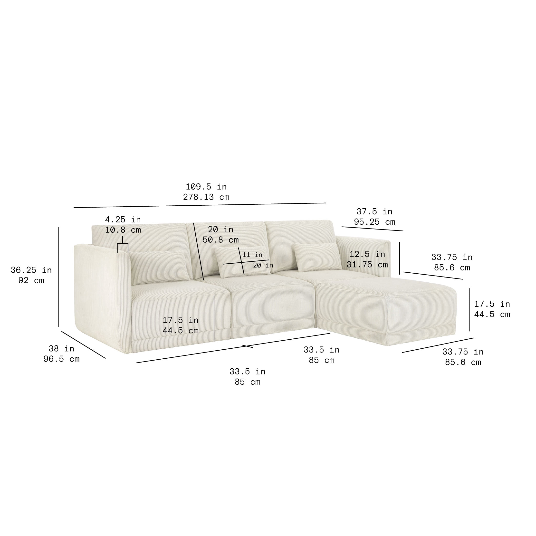 Beautiful Drew Modular Sectional Sofa with Ottoman by Drew Barrymore, Vanilla Cord