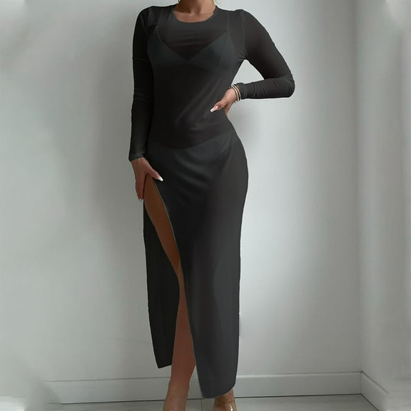 TMOYZQ Women's Swimsuit Cover Ups Sheer Mesh Long Sleeve See Through Beach Swimwear Bikini Cover Up Dress