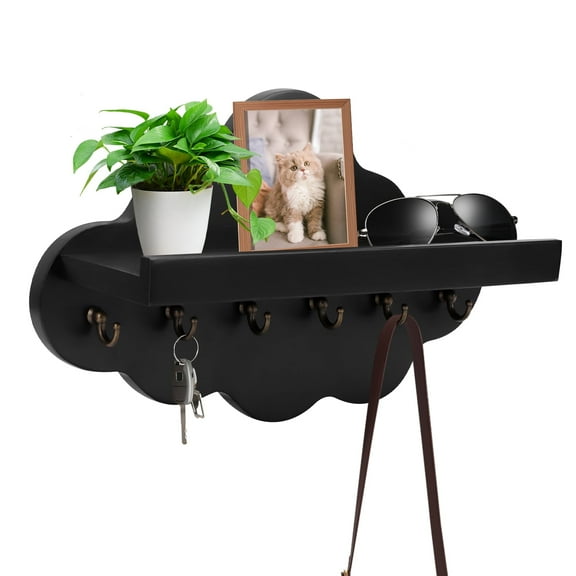 TACYKIBD Cloud Key Holder for Wall with Shelf and 6 Hooks,Key Holder for Wall, Decorative Key and Mail Holder with Shelf Has Large Hooks for Bags, Coats, Umbrella for Entryway Office Mudroom (Black)