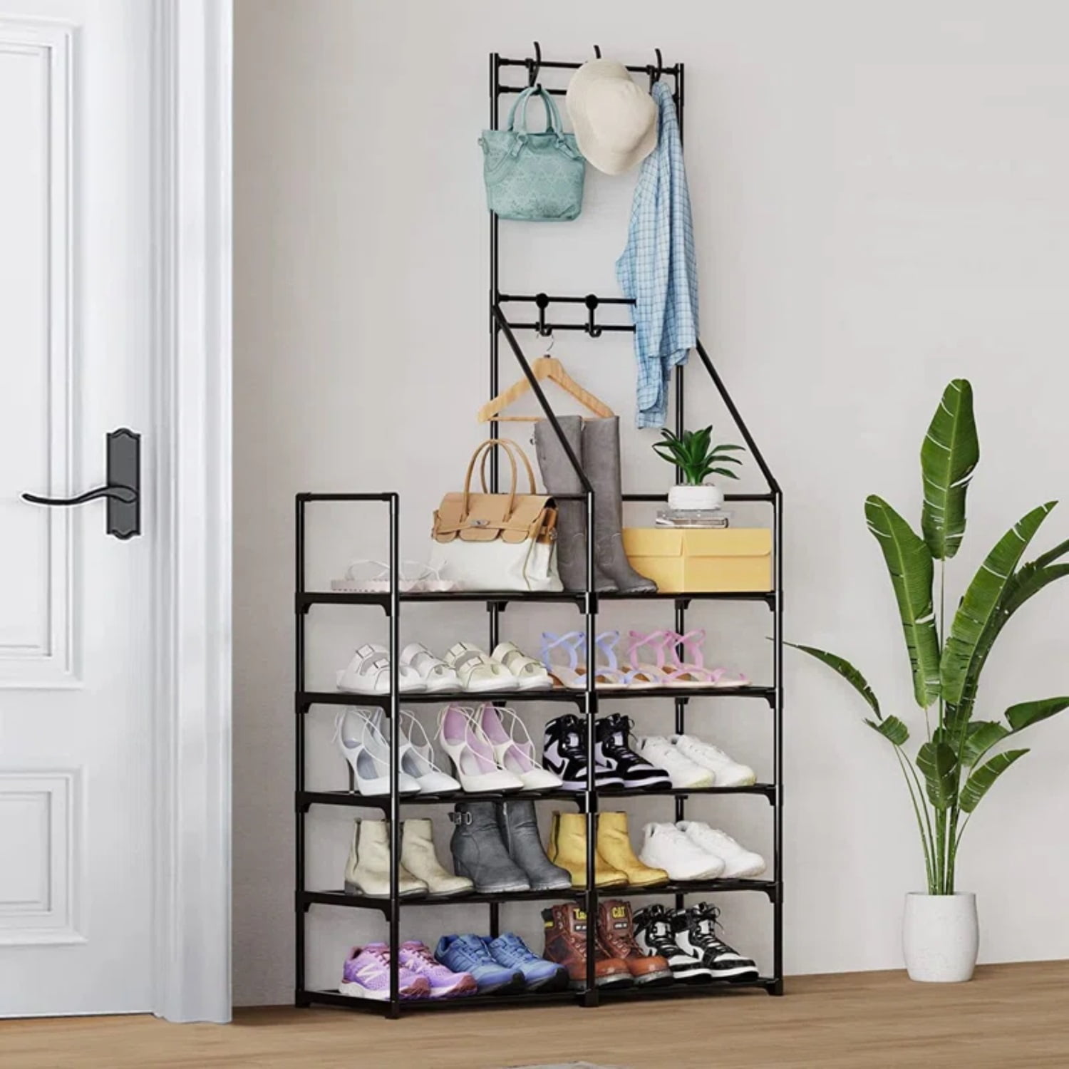 TECHVIDA 5-Tier Shoe Rack Shoe Storage Organizer, Freestanding Coat and Shoe Rack, 25-30 Pairs Shoe Shelf for Entryway Closet