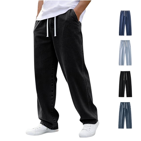 LWavelet Baggy Jeans for Men Straight Leg Drawstring Elastic Waist Denim Pants Relaxed Fit Casual Long Pants with Pockets