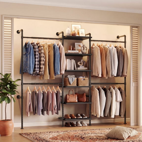 ROGALIS Industrial Pipe Clothing Rack, T1 Wall Mounted Closet System w/6 Wooden Shelves, 4 Telescopic Rods, Black