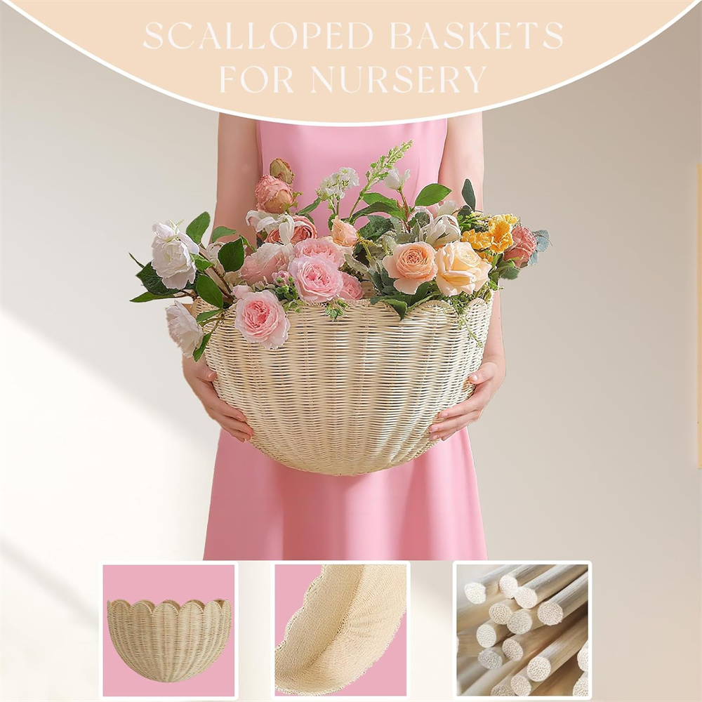 Triani 1Pcs Scalloped Wall Baskets Hand Woven Hanging Rattan Basket Hanging Woven Rattan Wall Basket Decorative Storage Organizer for Bathroom Front Door
