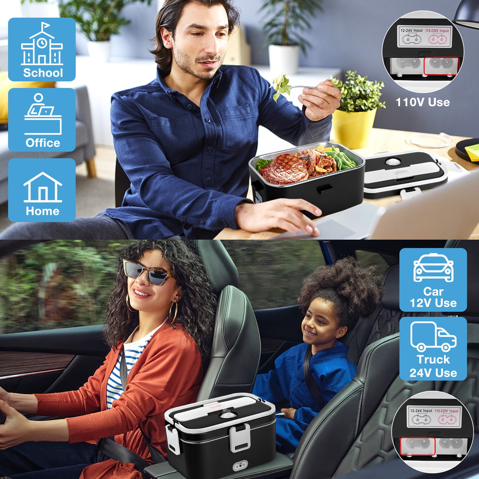 Livhil Electric Lunch Box Food Heater, Portable Food Warmer, Hot Lunch Warmer Heated Lunch Box for Adults, 60W 1.8L 12V-24V 110V Stainless Steel Container Portable Food Heater (Black+White)