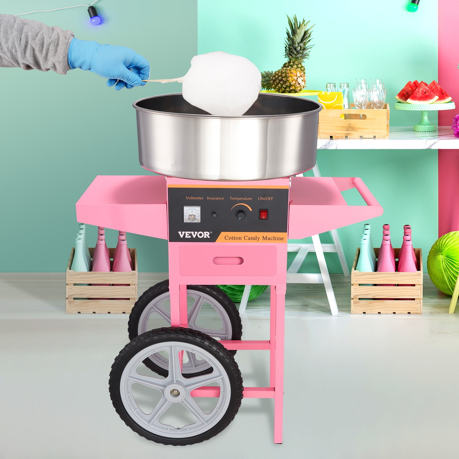 VEVOR Cotton Candy Machine with Cart, 21 Inch 1000W Commercial Floss Maker with Stainless Steel Bowl, Sugar Scoop and Drawer, Perfect for Home, Kids Birthday, Family Party, Pink