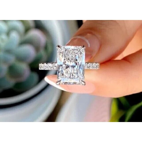 4Ct Emerald Cut Lab Created Diamond Engagement Womens 14K White Gold Plated Ring