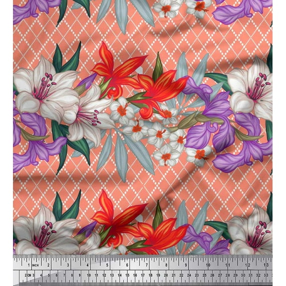 Soimoi Orange Cotton Voile Fabric Geometric Check,Lily & Floral Decor Fabric Printed Yard 56 Inch Wide