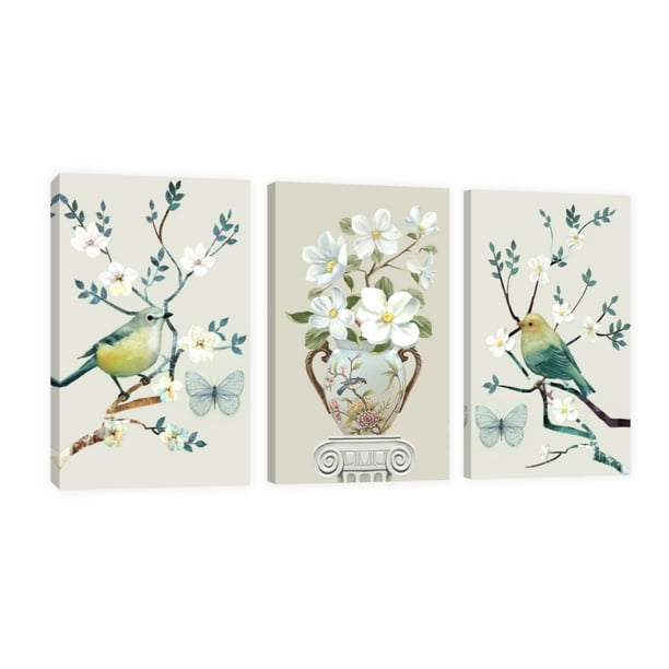 Cuadro Decorativo Canvas Revolution Set De 3 Cuadros 25x38 cm Pájaros Con flores