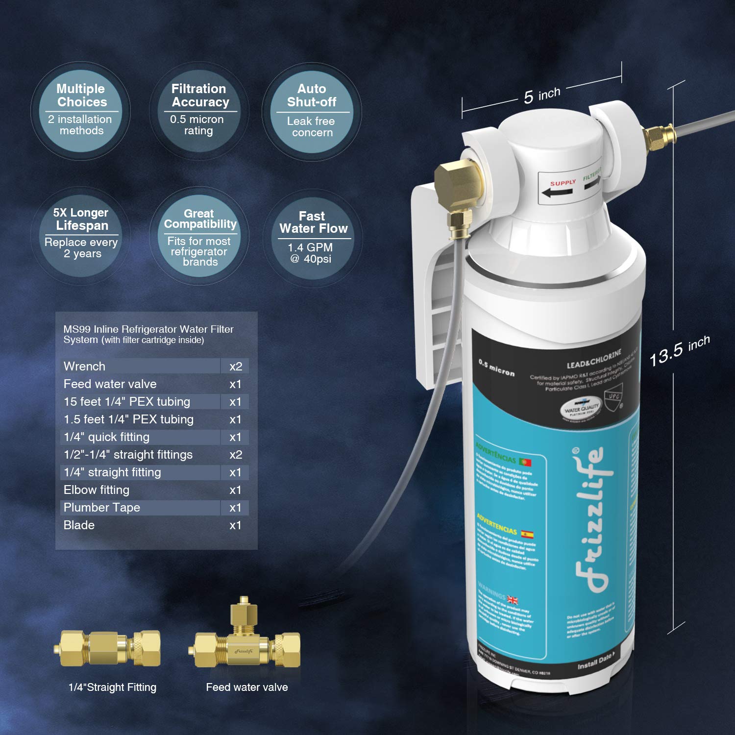 Frizzlife MS99 Inline Water Filter System for Refrigerator, Ice Maker, Under Sink - image 4 of 6