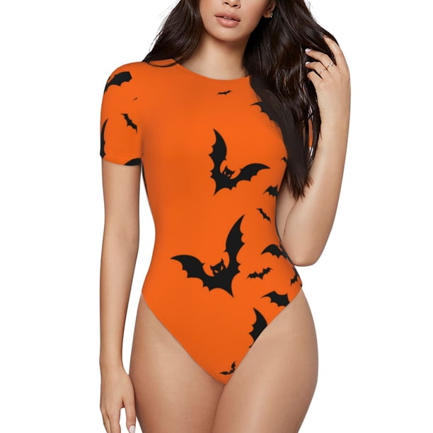 Balery Halloween Bats Body de cuello redondo de manga corta para mujer Tops de manga corta Tops básicos-Medium