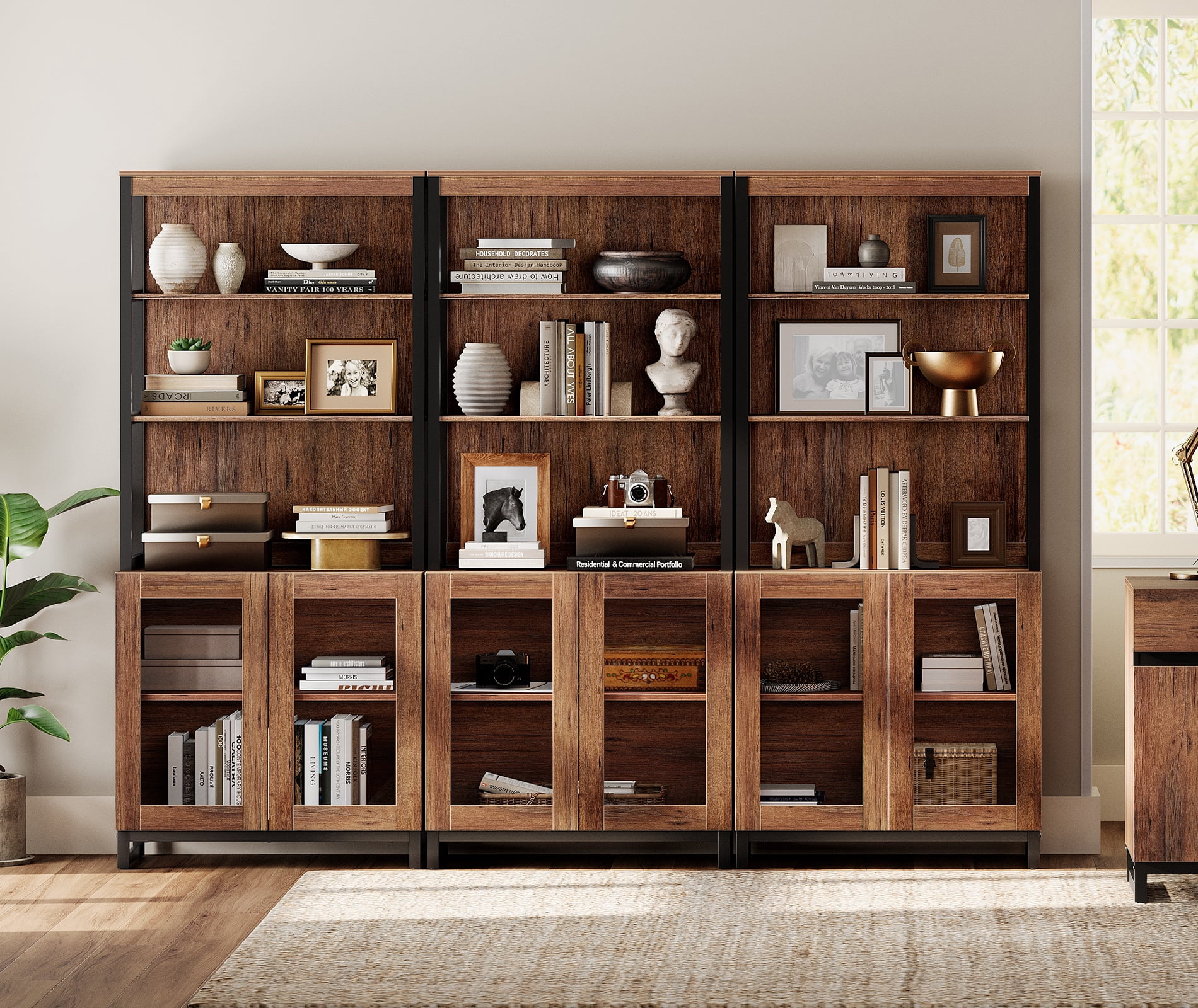 WAMPAT 3-Piece Modern 72" Tall Library Bookcases with Glass Doors & Adjustable Shelves, Wood Bookshelves with Storage Cabinet & Open Shelves for Home Office & Living Room, Brown